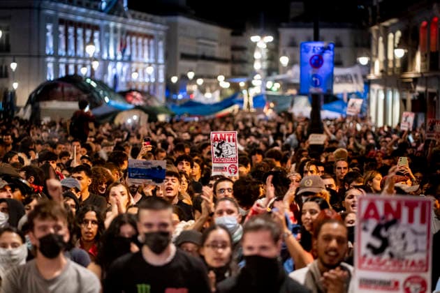 Protest Rally Against the Sol Camp in Madrid A group of people is demonstrating against the rally organized by Núcleo Nacional at Puerta del Sol on October 3, 2026, in Madrid, Spain. The platform Indignados por Espana is organizing the demonstration against the Sol encampment, in support of social and national housing, mass deportations, and the defense of national sovereignty following the invasion of Ceuta. OCTOBER 3, 2026. NUCLEO NACIONAL. PROTEST. HOUSING. FLAG. HOODED PROTESTERS. POLICE. ANTIFASCIST ACTION. ANTIFASCISTS. ON FOOT IN MADRID Madrid, Spain  Copyright: xA.xPÃ rezxMecax 7818916