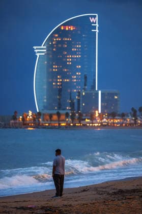 Red alert for extreme weather in Barcelona, Spain. W Hotel views during red alert for extreme weather in Promenade, Barcelona, Spain, on October 3, 2026. Barcelona Promenade Barcelona Spain