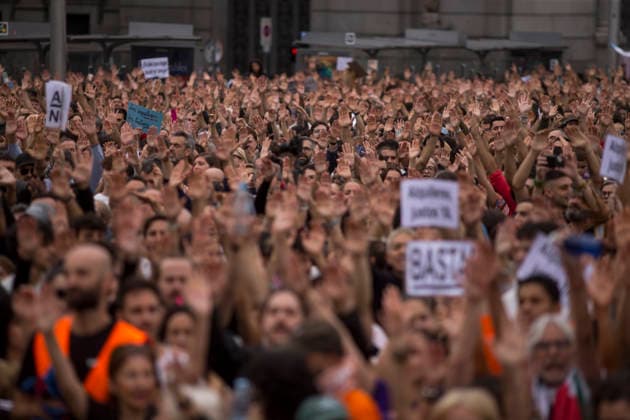 October 3, 2026, Madrid, Spain: Protesters raise their hands and shout landlords out of our neighborhoods during a demonstration through the streets of Madrid demanding a reduction in housing rents. The demonstration was organized by the Tenants Union, which also organized the encampment in Puerta del Sol square in central Madrid. Madrid Spain - ZUMAs197 20261003_aaa_s197_107 Copyright: xLuisxSotox