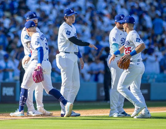 October 3, 2026, Los Angeles, California, USA: 17 Shohei Ohtani of the Los Angeles Dodgers congratulates team mates after winning game one of the NLDS against the Atlanta Braves at Dodger Stadium on October 03, 2026 in Los Angeles, California. Los Angeles Dodgers won the game 5-3. . Los Angeles USA - ZUMAa60_ 20261003_zaf_a60_026 Copyright: xArmandoxArorizox