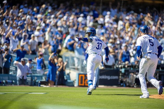 October 3, 2026, Los Angeles, California, USA: Teoscar HernoÂ¡ndez 37 of the Los Angeles Dodgers reacts after hitting a 2-run home run during the fourth inning against the Atlanta Braves in game one of the National League Division Series at Dodger Stadium on October 03, 2026 in Los Angeles, California. Los Angeles Dodgers won the game 5-3. . Los Angeles USA  - ZUMAa60_ 20261003_zaf_a60_030 Copyright: xArmandoxArorizox