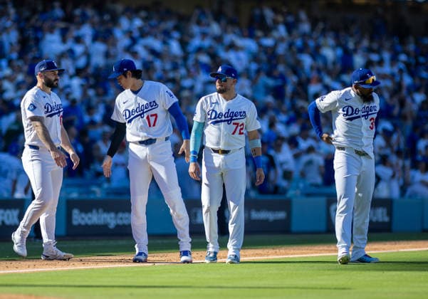 October 3, 2026, Los Angeles, California, USA: 17 Shohei Ohtani of the Los Angeles Dodgers congratulates team mates after winning game one of the NLDS against the Atlanta Braves at Dodger Stadium on October 03, 2026 in Los Angeles, California. Los Angeles Dodgers won the game 5-3. . Los Angeles USA - ZUMAa60_ 20261003_zaf_a60_040 Copyright: xArmandoxArorizox