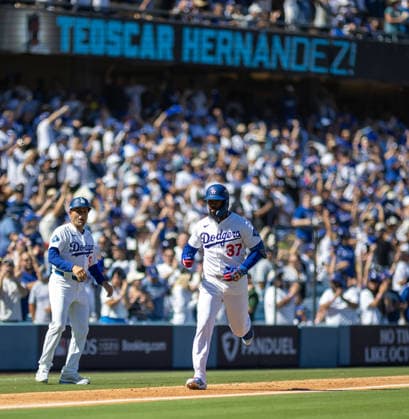 October 3, 2026, Los Angeles, California, USA: Teoscar HernoÂ¡ndez 37 of the Los Angeles Dodgers reacts after hitting a 2-run home run during the fourth inning against the Atlanta Braves in game one of the National League Division Series at Dodger Stadium on October 03, 2026 in Los Angeles, California. Los Angeles Dodgers won the game 5-3. . Los Angeles USA  - ZUMAa60_ 20261003_zaf_a60_043 Copyright: xArmandoxArorizox