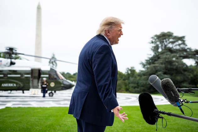 October 3, 2026, Washington, District Of Columbia, USA: United States President Donald J Trump speaks to members of the media before boarding Marine One on the South Lawn of the White House, in Washington, DC, USA, 3 October 2026. President Trump is traveling to Ohio for a rally as he campaigns with Republican Party candidates before midterm elections Washington USA  - ZUMAs152 20261003_faa_s152_031 Copyright: xGraemexSloan-PoolxviaxCNPx
