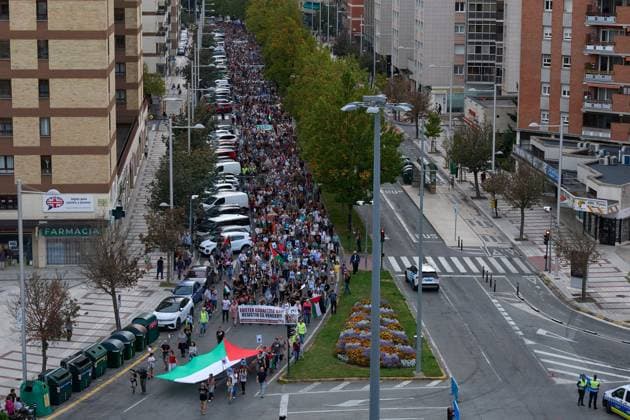 October 3, 2026, Pamplona, Spain: PAMPLONA, SPAIN, OCTOBER 3, 2026: Demonstrators take part in a pro-Palestinian march called by the citizens platform Yala Nafarroa in Pamplona. Protesters carried Palestinian flags and banners expressing solidarity with Gaza, including a large banner reading Stop Genocide, while participants also displayed messages calling for the protection of journalists. Pamplona Spain - ZUMAq101 20261003_zna_q101_128 Copyright: xUnaixBeroizx