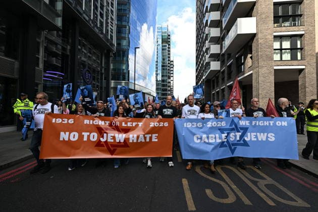 October 4, 2026, London, London, UK: London, UK. Demonstrators representing the Jewish Block take part in a march and rally to mark the 90th anniversary of The Battle of Cable Street in the East End of London. All over the country in 1936, Mosley s British Union of Fascists were chased off the streets by a strong working class who knew that the politics of hate and division offers no solutions. The Battle of Cable Street on 4 October 1936 was by far the countryâ€⠢s biggest mobilisation against fascism. London UK - ZUMAl94_ 20261004_zaf_l94_039 Copyright: xRayxTangx