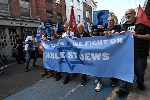 October 4, 2026, London, London, UK: London, UK. Demonstrators representing the Jewish Block take part in a march and rally to mark the 90th anniversary of The Battle of Cable Street in the East End of London. All over the country in 1936, Mosley s British Union of Fascists were chased off the streets by a strong working class who knew that the politics of hate and division offers no solutions. The Battle of Cable Street on 4 October 1936 was by far the countryâ€⠢s biggest mobilisation against fascism. London UK - ZUMAl94_ 20261004_zaf_l94_047 Copyright: xRayxTangx