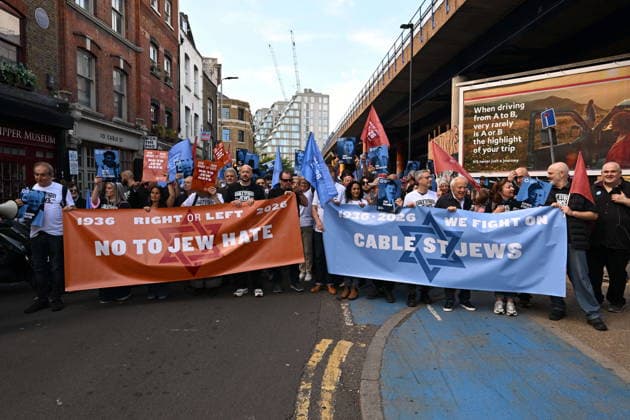 October 4, 2026, London, London, UK: London, UK. Demonstrators representing the Jewish Block take part in a march and rally to mark the 90th anniversary of The Battle of Cable Street in the East End of London. All over the country in 1936, Mosley s British Union of Fascists were chased off the streets by a strong working class who knew that the politics of hate and division offers no solutions. The Battle of Cable Street on 4 October 1936 was by far the countryâ€⠢s biggest mobilisation against fascism. London UK - ZUMAl94_ 20261004_zaf_l94_045 Copyright: xRayxTangx