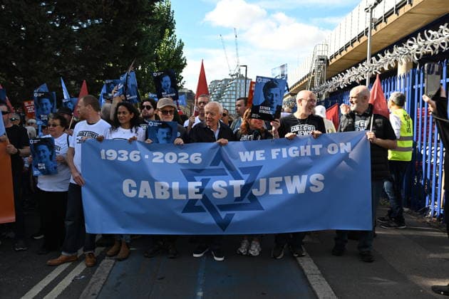 October 4, 2026, London, London, UK: London, UK. Demonstrators representing the Jewish Block take part in a march and rally to mark the 90th anniversary of The Battle of Cable Street in the East End of London. All over the country in 1936, Mosley s British Union of Fascists were chased off the streets by a strong working class who knew that the politics of hate and division offers no solutions. The Battle of Cable Street on 4 October 1936 was by far the countryâ€⠢s biggest mobilisation against fascism. London UK - ZUMAl94_ 20261004_zaf_l94_048 Copyright: xRayxTangx