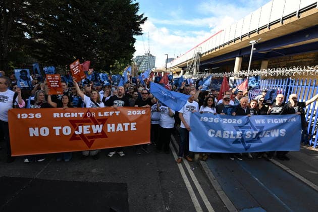 October 4, 2026, London, London, UK: London, UK. Demonstrators representing the Jewish Block take part in a march and rally to mark the 90th anniversary of The Battle of Cable Street in the East End of London. All over the country in 1936, Mosley s British Union of Fascists were chased off the streets by a strong working class who knew that the politics of hate and division offers no solutions. The Battle of Cable Street on 4 October 1936 was by far the countryâ€⠢s biggest mobilisation against fascism. London UK - ZUMAl94_ 20261004_zaf_l94_049 Copyright: xRayxTangx