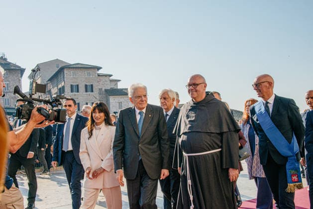 IPA89293563 - ASSISI October 4, 2026 Basilica of St. Francis celebration of the feast of St. Francis, patron saint of Italy, attended by President of the Republic Sergio Mattarella. Upon his arrival in the churchyard of the basilica, he was greeted by Father Marco Moroni, the Custodian.  Copyright: xemanuelaxbianconix xx IPA89293563
