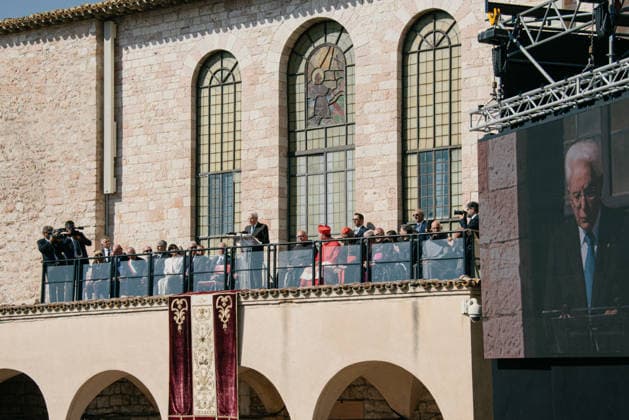 IPA89293503 - ASSISI October 4, 2026 Basilica of St. Francis celebration of the feast of St. Francis, patron saint of Italy, with the participation of President of the Republic Sergio Mattarella. After Mass, the President delivered a speech from the loggia of the Basilica, emphasizing Franciscan values and the priority of peace.  Copyright: xemanuelaxbianconix xx IPA89293503