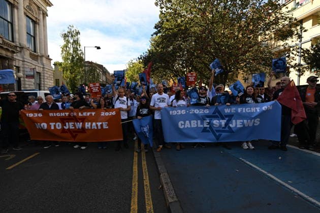 October 4, 2026, London, London, UK: London, UK. Demonstrators representing the Jewish Block take part in a march and rally to mark the 90th anniversary of The Battle of Cable Street in the East End of London. All over the country in 1936, Mosley s British Union of Fascists were chased off the streets by a strong working class who knew that the politics of hate and division offers no solutions. The Battle of Cable Street on 4 October 1936 was by far the countryâ€⠢s biggest mobilisation against fascism. London UK - ZUMAl94_ 20261004_zaf_l94_060 Copyright: xRayxTangx