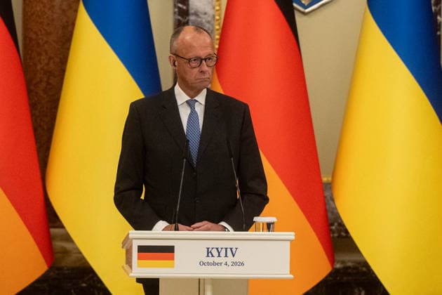 Ukraine Volodymyr Zelenskyi - German Chancellor Friedrich Merz meeting in Kyiv KYIV, UKRAINE - OCTOBER 04: Chancellor of Germany Friedrich Merz attends a press conference after his meeting with the President of Ukraine Volodymyr Zelenskyi in Kyiv on October 4 2026. Danylo Antoniuk Anadolu Kyiv Ukraine. Editorial use only. Please get in touch for any other usage.  Copyright: x2026xAnadoluxDanyloxAntoniukx
