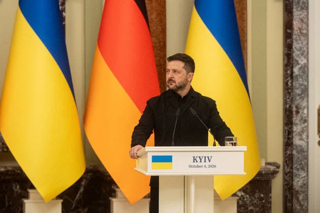 Ukraine Volodymyr Zelenskyi - German Chancellor Friedrich Merz meeting in Kyiv KYIV, UKRAINE - OCTOBER 04: President of Ukraine Volodymyr Zelenskyi attends a press conference after his meeting with Chancellor of Germany Friedrich Merz in Kyiv on October 4 2026. Danylo Antoniuk Anadolu Kyiv Ukraine. Editorial use only. Please get in touch for any other usage. Copyright: x2026xAnadoluxDanyloxAntoniukx
