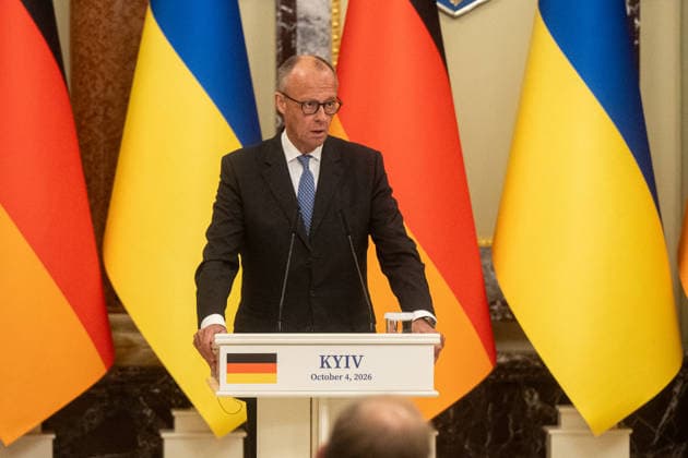 Ukraine Volodymyr Zelenskyi - German Chancellor Friedrich Merz meeting in Kyiv KYIV, UKRAINE - OCTOBER 04: Chancellor of Germany Friedrich Merz attends a press conference after his meeting with the President of Ukraine Volodymyr Zelenskyi in Kyiv on October 4 2026. Danylo Antoniuk Anadolu Kyiv Ukraine. Editorial use only. Please get in touch for any other usage. Copyright: x2026xAnadoluxDanyloxAntoniukx