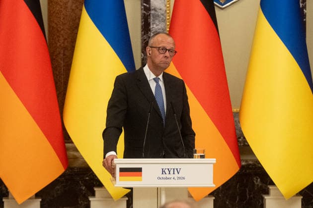 Ukraine Volodymyr Zelenskyi - German Chancellor Friedrich Merz meeting in Kyiv KYIV, UKRAINE - OCTOBER 04: Chancellor of Germany Friedrich Merz attends a press conference after his meeting with the President of Ukraine Volodymyr Zelenskyi in Kyiv on October 4 2026. Danylo Antoniuk Anadolu Kyiv Ukraine. Editorial use only. Please get in touch for any other usage.  Copyright: x2026xAnadoluxDanyloxAntoniukx