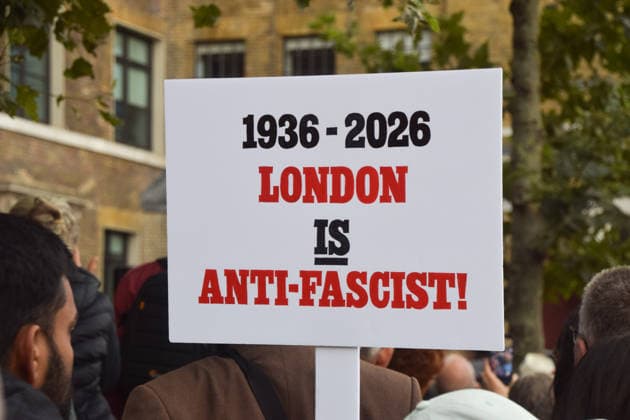 October 4, 2026, London, England, United Kingdom: Protesters gather in Whitechapel during the march to Cable Street against racism and fascism, marking the 90th anniversary since the Battle of Cable Street. London United Kingdom - ZUMAv130 20261004_zip_v130_001 Copyright: xVukxValcicx