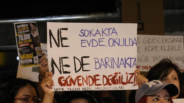 Animal Rights Activists Formed Human Chain In Izmir Against Euthanasia Law IZMIR, TURKEY OCTOBER 4, 2026: Animal rights activists staged a protest in Izmir on World Animal Protection Day, opposing the decision to round up and euthanize stray animals. Members of the Izmir Right to Life Advocates gathered in front of Alsancak Train Station in the Konak district and protested against the Law Amending the Animal Protection Act, which was passed by the Grand National Assembly of Turkey on July 30, 2024, published in the Official Gazette on August 2, 2024, and entered into force. Activists marched from Alsancak Station along Cyprus Martyrs Street before gathering in front of the Türkan Saylan Cultural Center. Chanting slogans including No Copyright: x xTurgayxKilicx xJNAxPressx