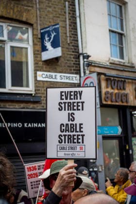 Battle of Cable Street 90th Anniversary March East London, October 4, 2026 A march was held in East London to mark the 90th anniversary of the Battle of Cable Street. Demonstrators gathered to commemorate the historic 1936 anti-fascist mobilisation, when local residents, members of the Jewish community, dockers and anti-fascist groups opposed a planned march by the British Union of Fascists through the East End. The anniversary march brought together campaigners, community groups and supporters to remember the events of Cable Street and their place in London™s history., Credit:Zak Irfan Avalon Copyright: xZakxIrfanx xAvalonx 1140602760