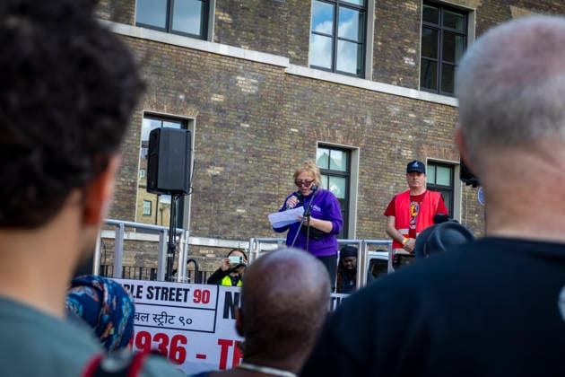 Battle of Cable Street 90th Anniversary March East London, October 4, 2026 A march was held in East London to mark the 90th anniversary of the Battle of Cable Street. Demonstrators gathered to commemorate the historic 1936 anti-fascist mobilisation, when local residents, members of the Jewish community, dockers and anti-fascist groups opposed a planned march by the British Union of Fascists through the East End. The anniversary march brought together campaigners, community groups and supporters to remember the events of Cable Street and their place in London™s history., Credit:Zak Irfan Avalon Copyright: xZakxIrfanx xAvalonx 1140602844
