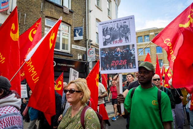 Battle of Cable Street 90th Anniversary March East London, October 4, 2026 A march was held in East London to mark the 90th anniversary of the Battle of Cable Street. Demonstrators gathered to commemorate the historic 1936 anti-fascist mobilisation, when local residents, members of the Jewish community, dockers and anti-fascist groups opposed a planned march by the British Union of Fascists through the East End. The anniversary march brought together campaigners, community groups and supporters to remember the events of Cable Street and their place in London™s history., Credit:Zak Irfan Avalon Copyright: xZakxIrfanx xAvalonx 1140602848