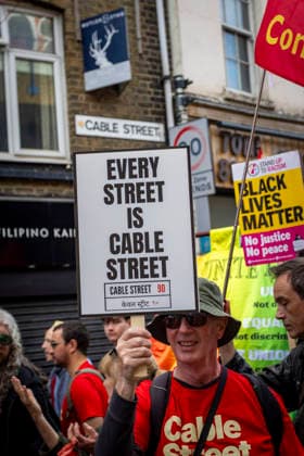 Battle of Cable Street 90th Anniversary March East London, October 4, 2026 A march was held in East London to mark the 90th anniversary of the Battle of Cable Street. Demonstrators gathered to commemorate the historic 1936 anti-fascist mobilisation, when local residents, members of the Jewish community, dockers and anti-fascist groups opposed a planned march by the British Union of Fascists through the East End. The anniversary march brought together campaigners, community groups and supporters to remember the events of Cable Street and their place in London™s history., Credit:Zak Irfan Avalon Copyright: xZakxIrfanx xAvalonx 1140603068