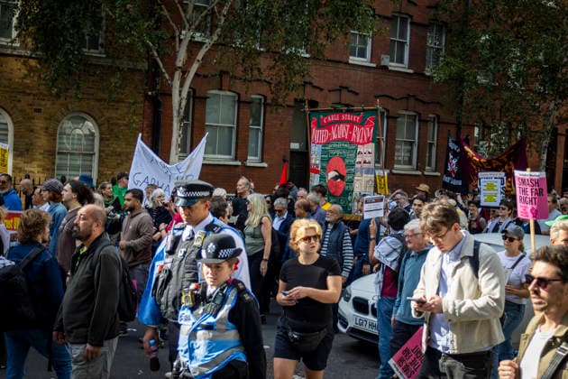 Battle of Cable Street 90th Anniversary March East London, October 4, 2026 A march was held in East London to mark the 90th anniversary of the Battle of Cable Street. Demonstrators gathered to commemorate the historic 1936 anti-fascist mobilisation, when local residents, members of the Jewish community, dockers and anti-fascist groups opposed a planned march by the British Union of Fascists through the East End. The anniversary march brought together campaigners, community groups and supporters to remember the events of Cable Street and their place in London™s history., Credit:Zak Irfan Avalon Copyright: xZakxIrfanx xAvalonx 1140603140