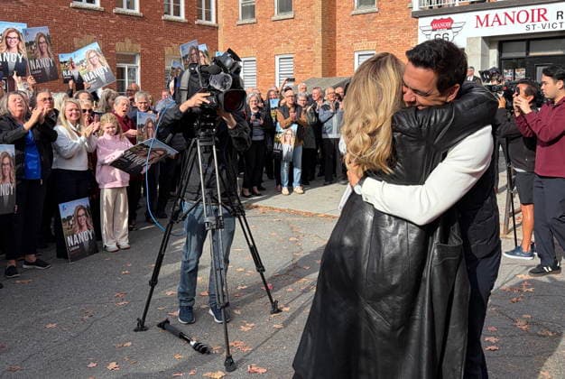 October 4, 2026, St-Victor, Pq, CANADA: Quebec Liberal Party leader Charles Milliard embraces his candidate in Beauce-Nord, Nancy Labbo , in St-Victor on Sunday Oct. 4, 2026. St-Victor CANADA  - ZUMAc35_ 20261004_zaf_c35_049 Copyright: xCarolinexPlantex