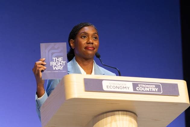 British Conservative Party annual conference 2026, Day 1, Birmingham, UK - 04 Oct 2026 Kemi Badenoch, Leader of the British Conservative Party, delivers her opening speech on day one of the British Conservative Party annual conference at the International Convention Centre (ICC) in Birmingham The British Conservative Party holds it’s annual conference at the International Convention Centre (ICC) in Birmingham Birmingham United Kingdom Copyright: xPhilxLewisx xSOPAxImagesx Phil-Lewis-1456254