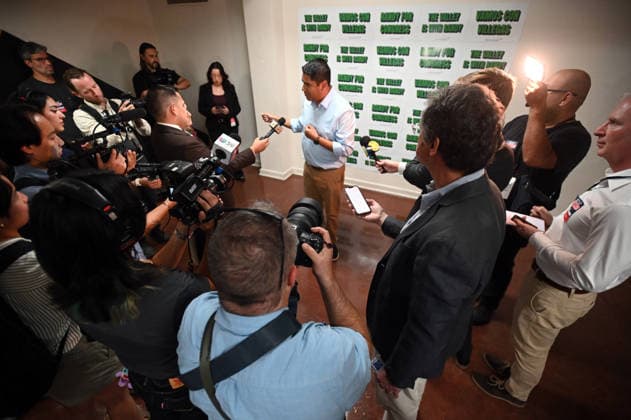 October 4, 2026, Bakersfield, California, USA: Bakersfield, California, U.S. - Central Valley US Congressional Candidate Randy Villegas fielded questions from the media before the rally. Bernie Sanders hosted a Fighting Oligarchy rally in Bakersfield Calif. Sunday afternoon. Bakersfield USA - ZUMAw332 20261004_aap_w332_004 Copyright: xNealxWatersx