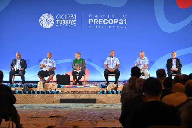 ANTHONY ALBANESE PRECOP MEETING, Vanuatu™s Prime Minister Jotham Napat, Fiji™s Prime Minister Sitiveni Rabuka, Timor-Leste™s President Jose Ramos Horta, Nauru™s President David Adeang, Australia™s Prime Minister Anthony Albanese and Solomon Islands Prime Minister Matthew Wale during a traditional welcome ceremony during the Pre-Cop31 meeting in Fiji, Monday, October 5, 2026. ( NO ARCHIVING NADI Fiji  Copyright: xMICKxTSIKASx 20261005133268882883