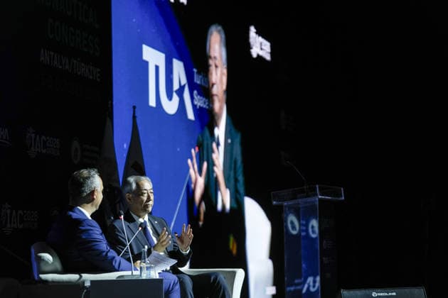 Space agency heads convene for a special session as part of IAC in Antalya ANTALYA, TURKIYE - OCTOBER 5: JAXA President Yamakawa Hiroshi (R), delivers a speech during the Space Agency Heads session held as part of the 77th International Astronautical Congress (IAC) at the NEST Congress Center in Antalya, Turkiye, on October 5, 2026. The congress is organized by the International Astronautical Federation (IAF), coordinated by the Turkish Ministry of Industry and Technology, and co-hosted by the Turkish Space Agency (TUA) and SAHA Istanbul. Osmancan Gurdogan Anadolu Antalya Turkey. Editorial use only. Please get in touch for any other usage.  Copyright: x2026xAnadoluxOsmancanxGurdoganx