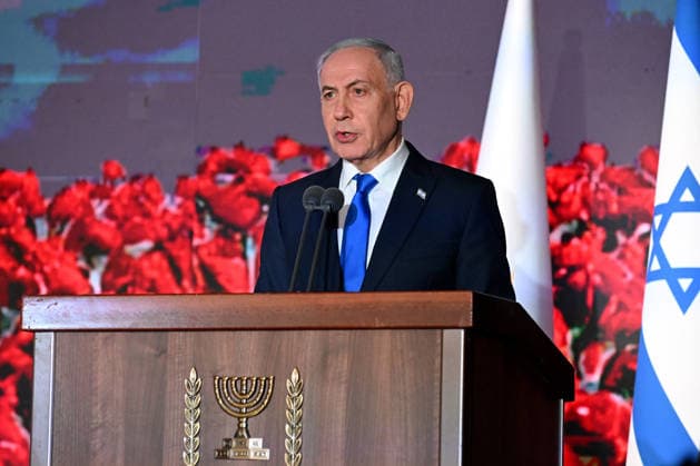 Israeli Prime Minister Benjamin Netanyahu speaks at the State Memorial Ceremony for the three year anniversary of the October 7, 2023, Hamas attack, in remembrance of Israel Defense Forces and security members who fell in the War of Redemption in the Mt. Herzl Cemetery, Jerusalem, on Monday, October 5, 2026.  JER2026100506 DEBBIExHILL