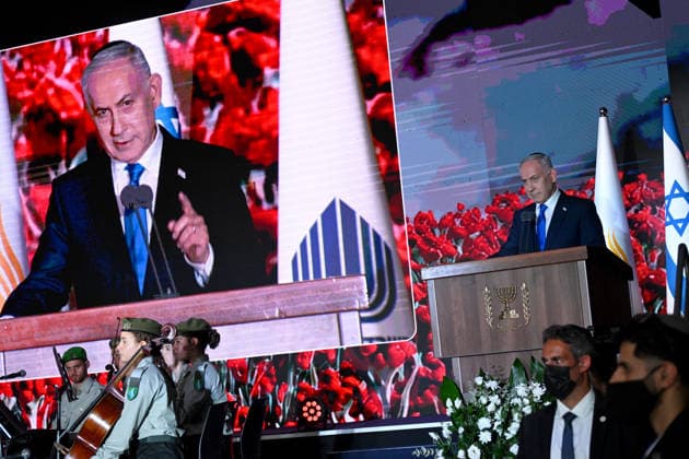 Israeli Prime Minister Benjamin Netanyahu speaks at the State Memorial Ceremony for the three year anniversary of the October 7, 2023, Hamas attack, in remembrance of Israel Defense Forces and security members who fell in the War of Redemption in the Mt. Herzl Cemetery, Jerusalem, on Monday, October 5, 2026.  JER2026100507 DEBBIExHILL