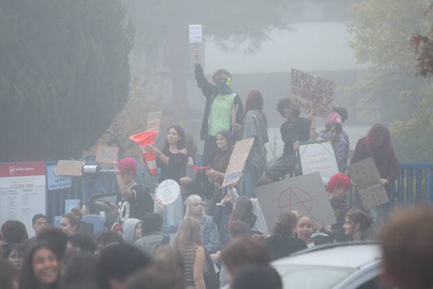 October 5, 2026, Bayonne, Nouvelle Aquitaine, France: High school students gather in front of the Reno Cassin high school during a protest against the government in Bayonne, southwestern France, on October 5, 2026. Students have been blocking schools across France since September 21 to demand more teachers, smaller classes and better school buildings. Bayonne France  - ZUMAb298 20261005_zsp_b298_021 Copyright: xJulesxBuonx