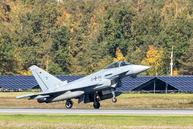 Eurofighter at Nuremberg Airport: German Air Force Conducts Dispersed Operation Drill, Nuremberg, October 5, 2026 A German Air Force Eurofighter with the call sign 31 50 is preparing to land at the airport. The German Air Force is testing there how fighter jets and operational forces can temporarily operate out of a civilian airport. Nuremberg Airport, Bavaria, Germany 20261005-1V9A0973-M4000