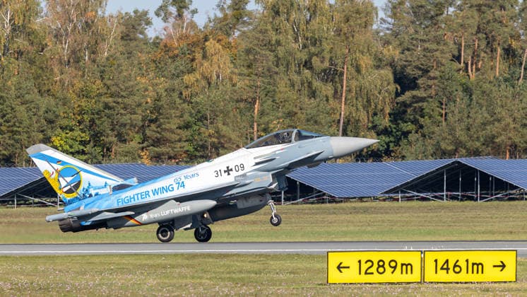 Eurofighter at Nuremberg Airport: German Air Force Conducts Dispersed Operation Drill, Nuremberg, October 5, 2026 A Eurofighter Typhoon from the German Air Force’s 74th Tactical Wing takes off from the runway at the airport in a special livery commemorating the 65th anniversary. The German Air Force is testing there how Eurofighters and ope 20261005-1V9A1041-M4000