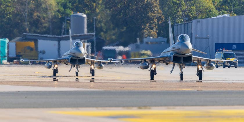 Eurofighters at Nuremberg Airport: German Air Force Conducts Dispersed Operation Drill, Nuremberg, October 5, 2026 Two German Air Force Eurofighters taxi side by side across the apron at the airport. The German Air Force is testing there how fighter jets and operational forces can temporarily operate from a civilian airport. Nuremberg Airport, Bavaria, Germany 20261005-1V9A1105-M4000