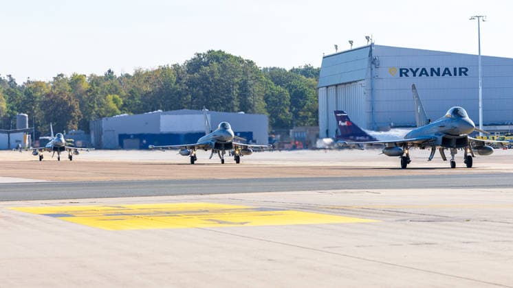 Eurofighters at Nuremberg Airport: German Air Force Conducts Dispersed Operation Drill, Nuremberg, October 5, 2026: Several German Air Force Eurofighters taxi across the apron at the airport. The German Air Force is testing how fighter jets and ground crews can temporarily operate out of a civilian airport. Nuremberg Airport, Bavaria, Germany 20261005-1V9A1139-M4000