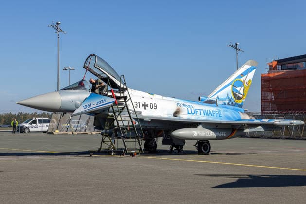 Eurofighter at Nuremberg Airport: German Air Force Conducts Dispersed Operations Exercise, Nuremberg, October 5, 2026 A German Air Force Eurofighter with a special 70 Years of the German Air Force paint scheme and tail number 31 09 stands at the airport with its canopy open, a technician is standing next to th 20261005-286A0232-M4000