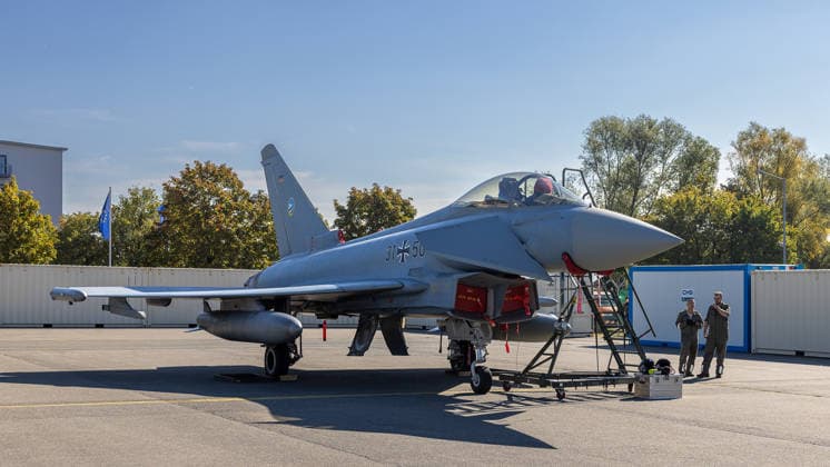 Eurofighter at Nuremberg Airport: German Air Force Practices Dispersed Operations, Nuremberg, October 5, 2026 A German Air Force Eurofighter Typhoon with the tail number 31 50 is parked on the tarmac at the airport. The German Air Force is testing how fighter jets and ground crews can temporarily operate out of a civilian airport. Two so 20261005-286A0287-M4000