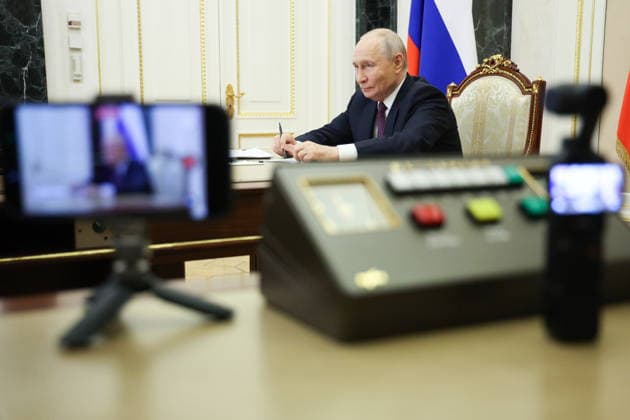 RUSSIA, MOSCOW - OCTOBER 5, 2026: Russian President Vladimir Putin attends via a video link the opening of the Point of Future Education Complex in Yakutsk. Vyacheslav Prokofyev Russian Presidential Press and Information Office TASS  98834199