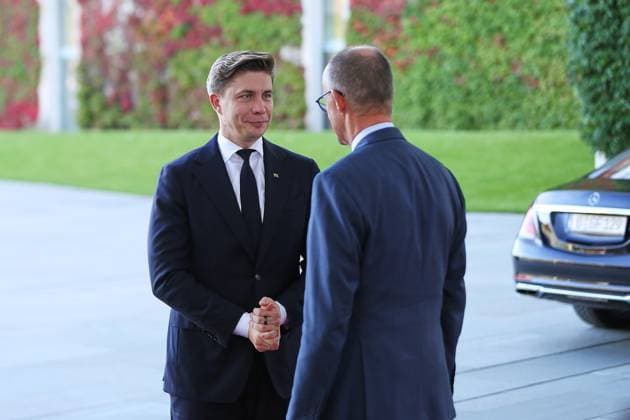 Berlin, Germany, October 5, 2026; Federal Chancellery: Reception for the heads of state and government of the three Baltic countries—Latvia, Estonia, and Lithuania—Mindaugas Sinkevicius and Federal Chancellor Friedrich Merz (CDU) Copyright: xdtsxNachrichtenagenturx dts_137161