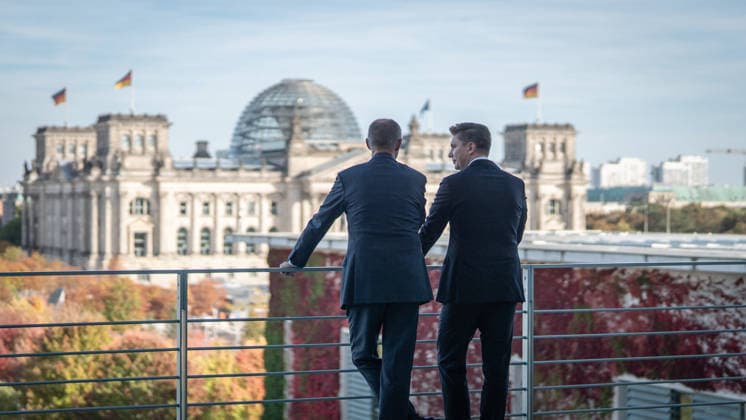 Chancellor Friedrich Merz with his guest Mindaugas Sinkeviciusius, Prime Minister of Lithuania, at the Federal Chancellery; on the terrace of the Federal Chancellery overlooking the Reichstag building, which houses the Bundestag; the Federal Chancellor receives the Prime Minister of the Republic of Lithuania at the Federal Chancellery, Berlin, Germany; Federal Chancellery