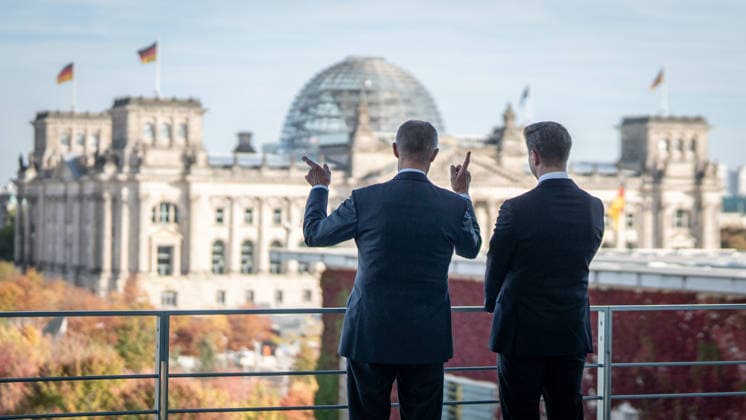Chancellor Friedrich Merz with his guest Mindaugas Sinkeviciusius, Prime Minister of Lithuania, at the Federal Chancellery; on the terrace of the Federal Chancellery overlooking the Reichstag building, home to the Bundestag; the Federal Chancellor welcomes the Prime Minister of the Republic of Lithuania at the Federal Chancellery, Berlin, Germany; Federal Chancellery
