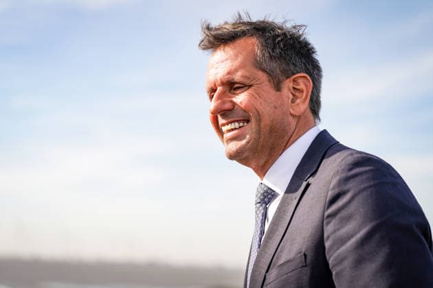 Germany, Emden: Lower Saxony’s Minister President Olaf Lies smiles during a press conference regarding the decision on the German Navy’s new naval base in Emden. Portrait, side profile, Olaf Lies, Minister President, Lower Saxony, state government, German Navy, Bundeswehr, naval base, site selection, Emden, North Sea coast Copyright: xJOERANxSTEINSIEKx