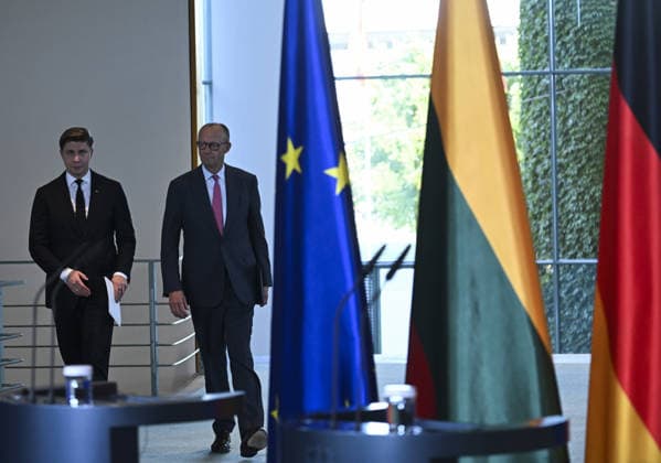 German Chancellor Merz and Lithuanian PM Sinkevicius hold joint press conference in Berlin BERLIN, GERMANY - OCTOBER 05: German Chancellor Friedrich Merz and Lithuanian Prime Minister Mindaugas Sinkevicius hold a joint press conference following their meeting at the Federal Chancellery in Berlin, Germany on October 05, 2026. Halil Sagirkaya Anadolu Berlin Germany. Editorial use only. Please get in touch for any other usage.  Copyright: x2026xAnadoluxHalilxSagirkayax