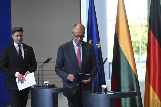 German Chancellor Merz and Lithuanian PM Sinkevicius hold joint press conference in Berlin BERLIN, GERMANY - OCTOBER 05: German Chancellor Friedrich Merz and Lithuanian Prime Minister Mindaugas Sinkevicius hold a joint press conference following their meeting at the Federal Chancellery in Berlin, Germany on October 05, 2026. Halil Sagirkaya Anadolu Berlin Germany. Editorial use only. Please get in touch for any other usage.  Copyright: x2026xAnadoluxHalilxSagirkayax