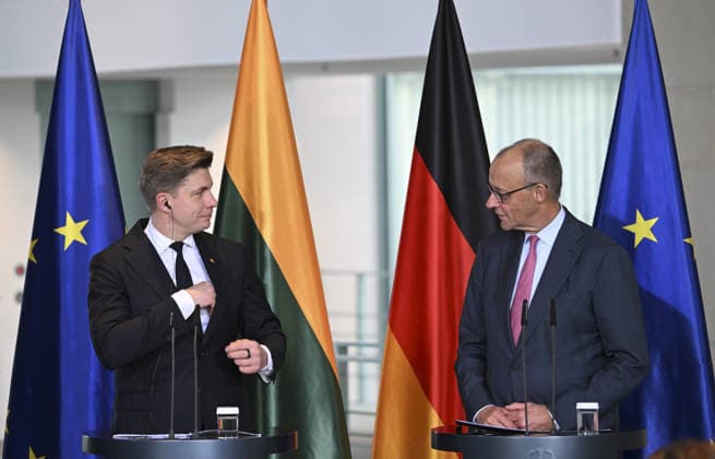 German Chancellor Merz and Lithuanian PM Sinkevicius hold joint press conference in Berlin BERLIN, GERMANY - OCTOBER 05: German Chancellor Friedrich Merz and Lithuanian Prime Minister Mindaugas Sinkevicius hold a joint press conference following their meeting at the Federal Chancellery in Berlin, Germany on October 05, 2026. Halil Sagirkaya Anadolu Berlin Germany. Editorial use only. Please get in touch for any other usage.  Copyright: x2026xAnadoluxHalilxSagirkayax